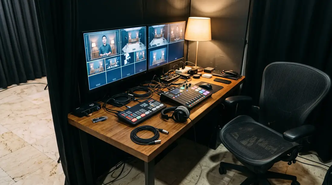 Livestream production setup with monitor wall, switcher and audio console at Rhumb Studio