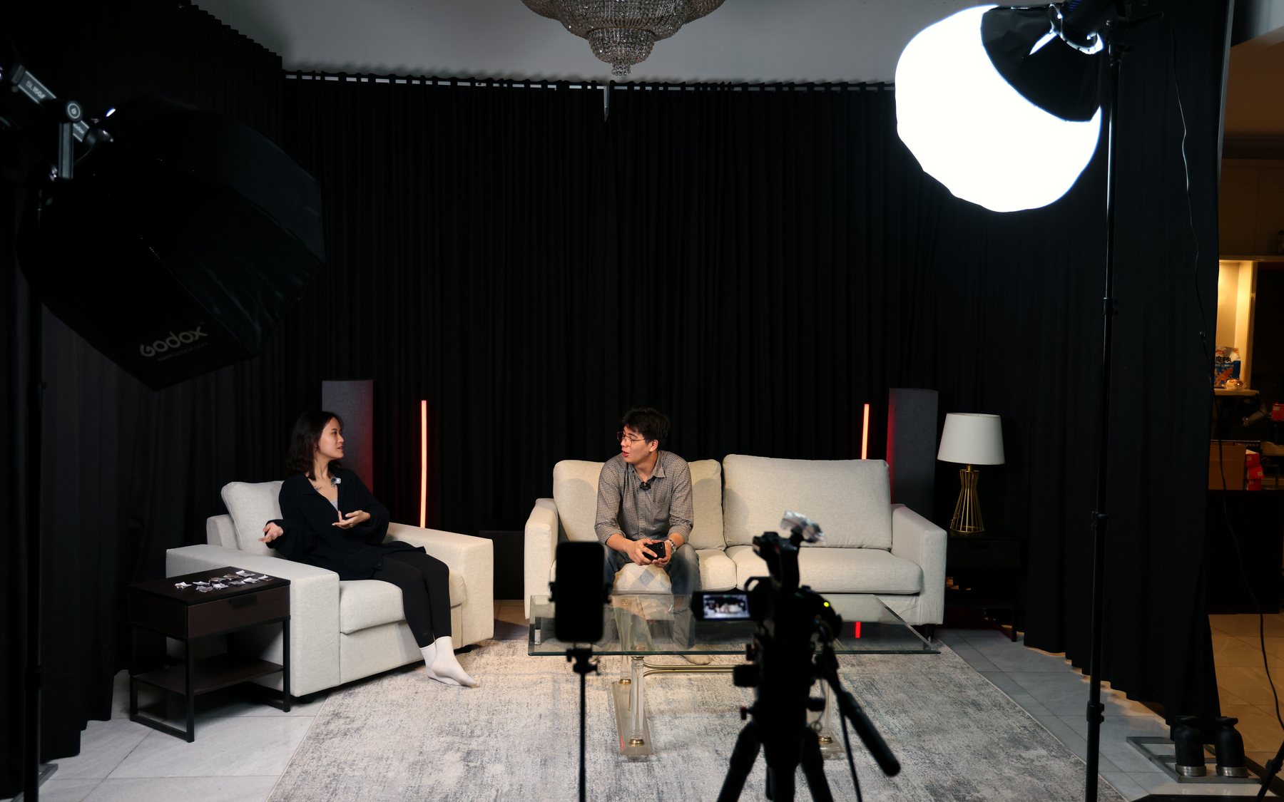 The interview set at Rhumb Studio with softboxes and cameras rolling